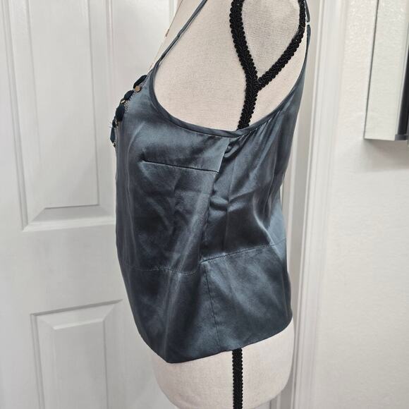 women Y2K 100% Silk Embellished Cami Tank Top Size 38 Teal Blue Boho Glam Beaded - Picture 2 of 9